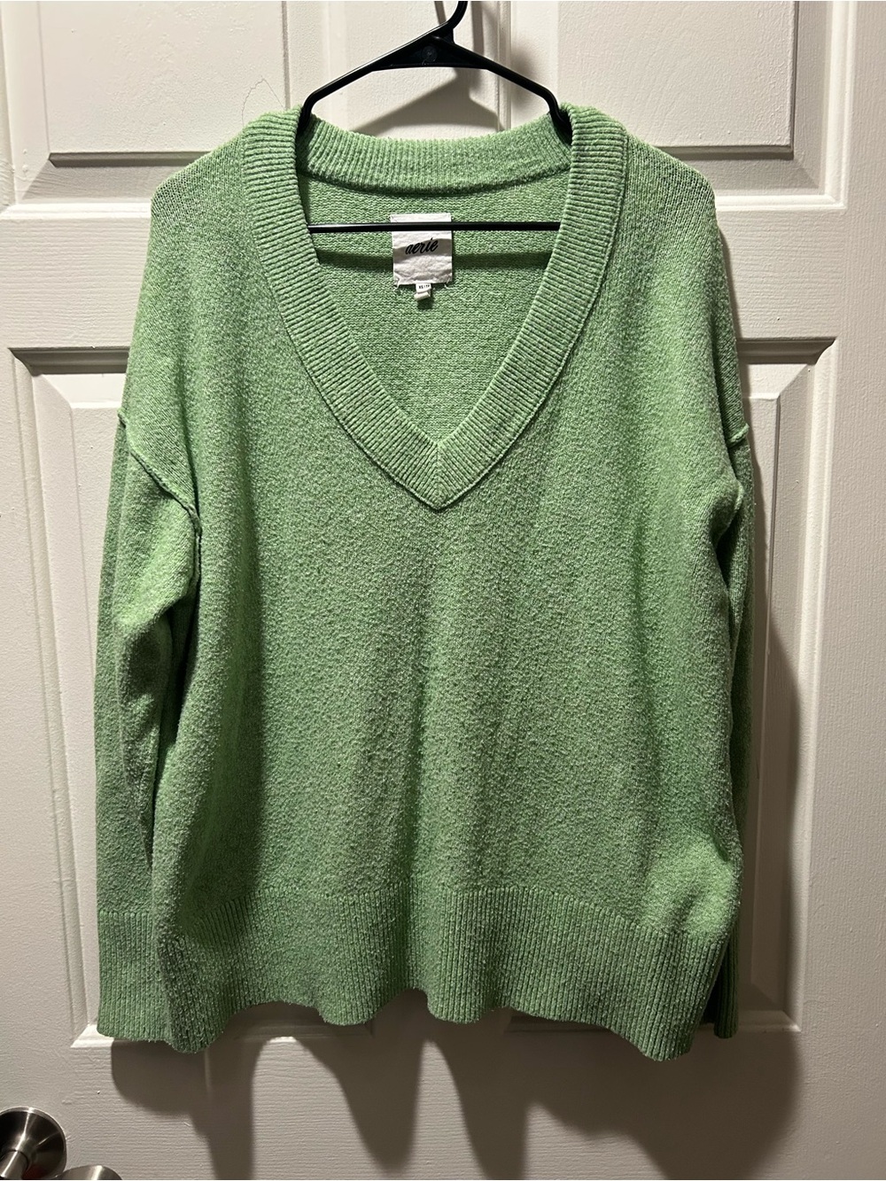 Aerie V-Neck Knit Plush Ribbed Oversized Sweater in Green Size XS